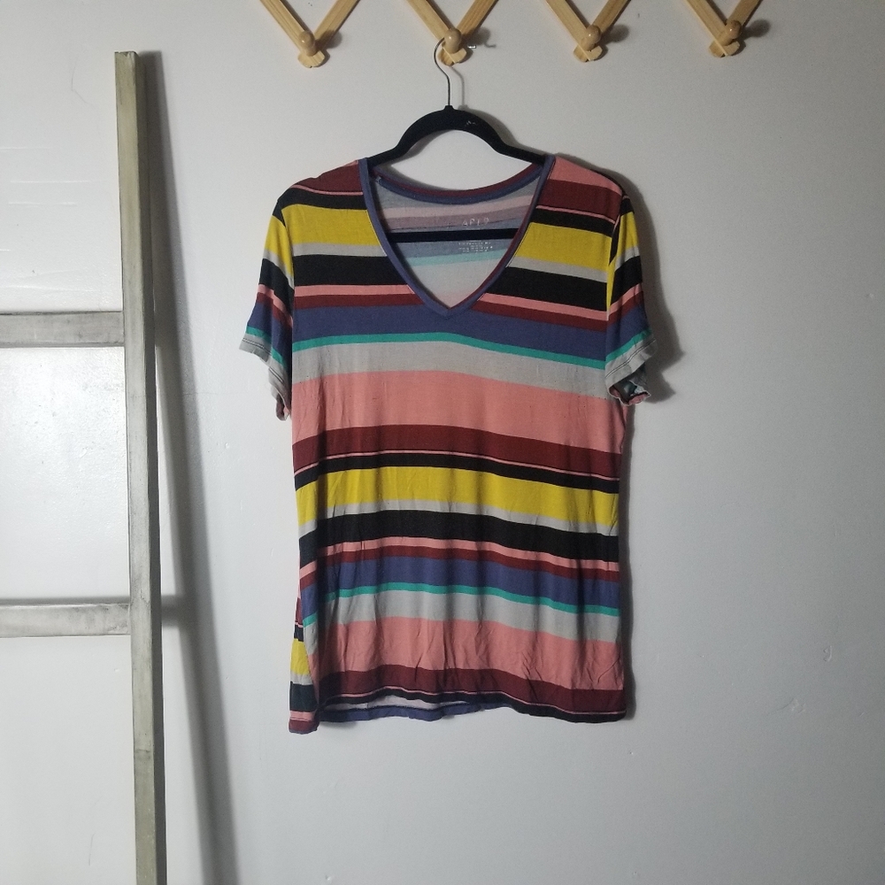 APT 9 WOMEN'S STRIPED MULTICOLOR V-NECK TOP SIZE LARGE